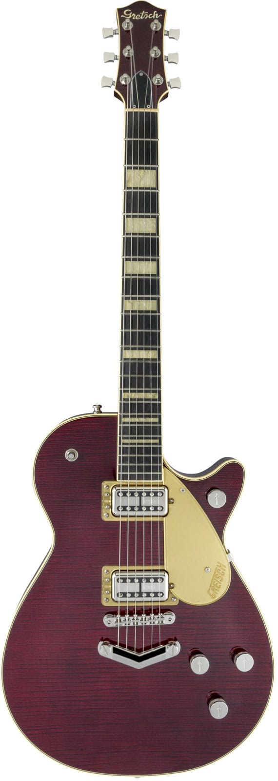 GRETSCH GUITARS G6228FM PLAYERS EDITION JET BT WITH V-STOPTAIL AND FLAME MAPLE EBO, DARK CHERRY STAIN