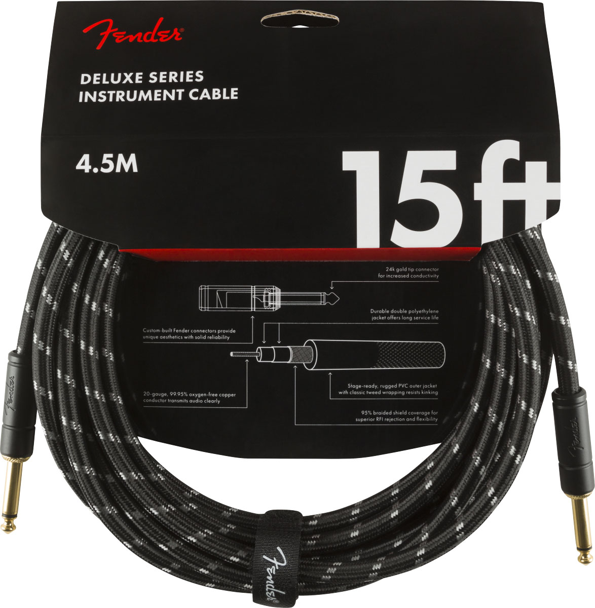 FENDER DELUXE INSTRUMENT CABLE, STRAIGHT/STRAIGHT, 15', BLACK TWEED
