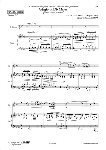 FLEX EDITIONS BAERMANN H. J. - ADAGIO IN DB MAJOR - CLARINET AND PIANO