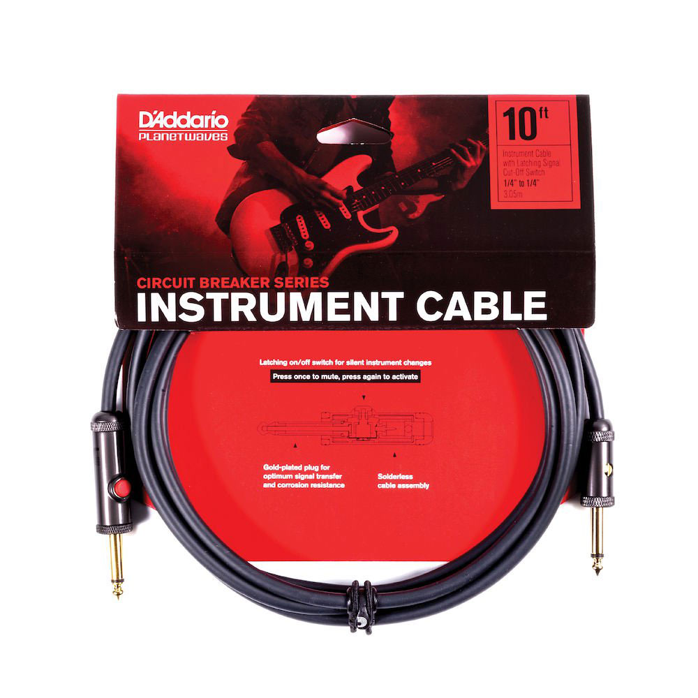 D'ADDARIO AND CO 10' CIRCUIT BREAKER INSTRUMENT CABLE WITH LATCHING CUT-OFF SWITCH STRAIGHT PLUG 