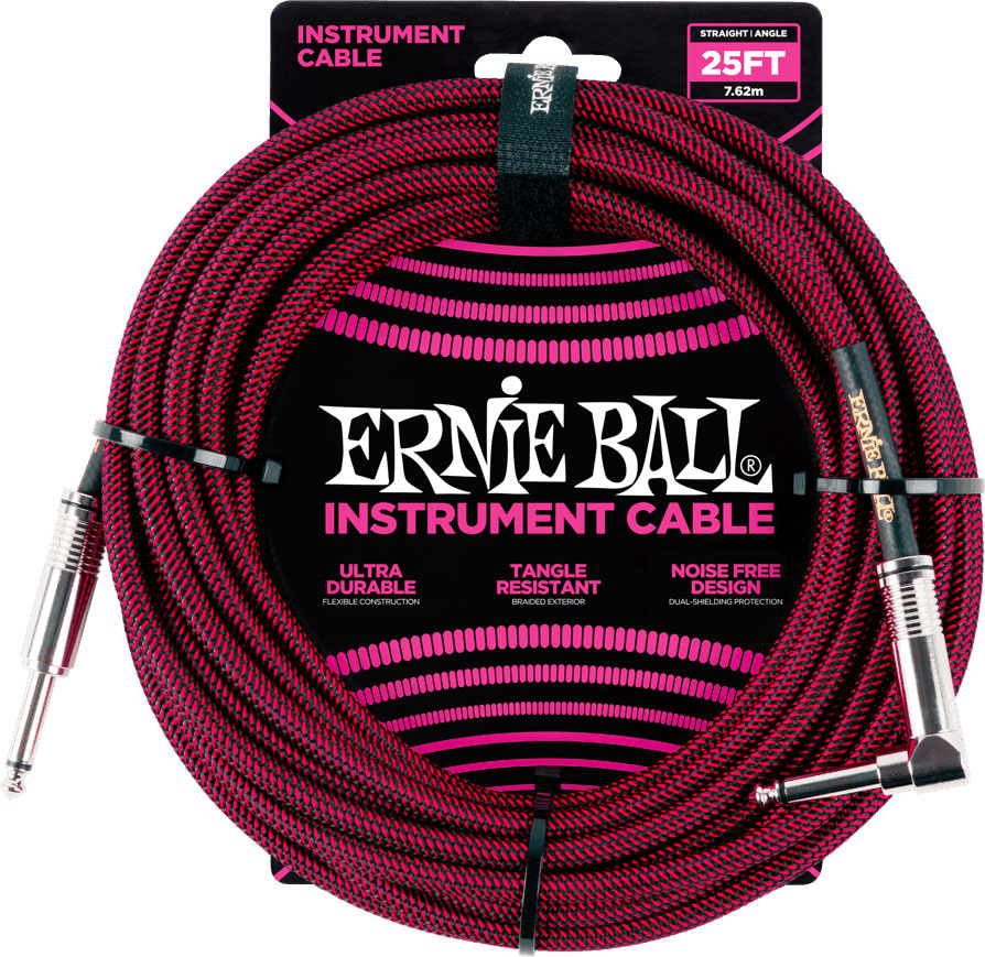 ERNIE BALL 25' BRAIDED STRAIGHT / ANGLE INSTRUMENT CABLES BLACK / RED