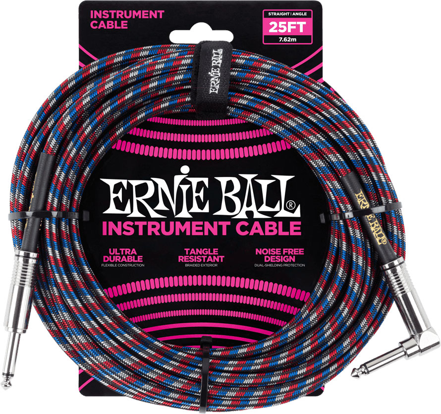 ERNIE BALL 25' BRAIDED STRAIGHT / ANGLE INSTRUMENT CABLES BLACK / RED / BLUE / WHITE