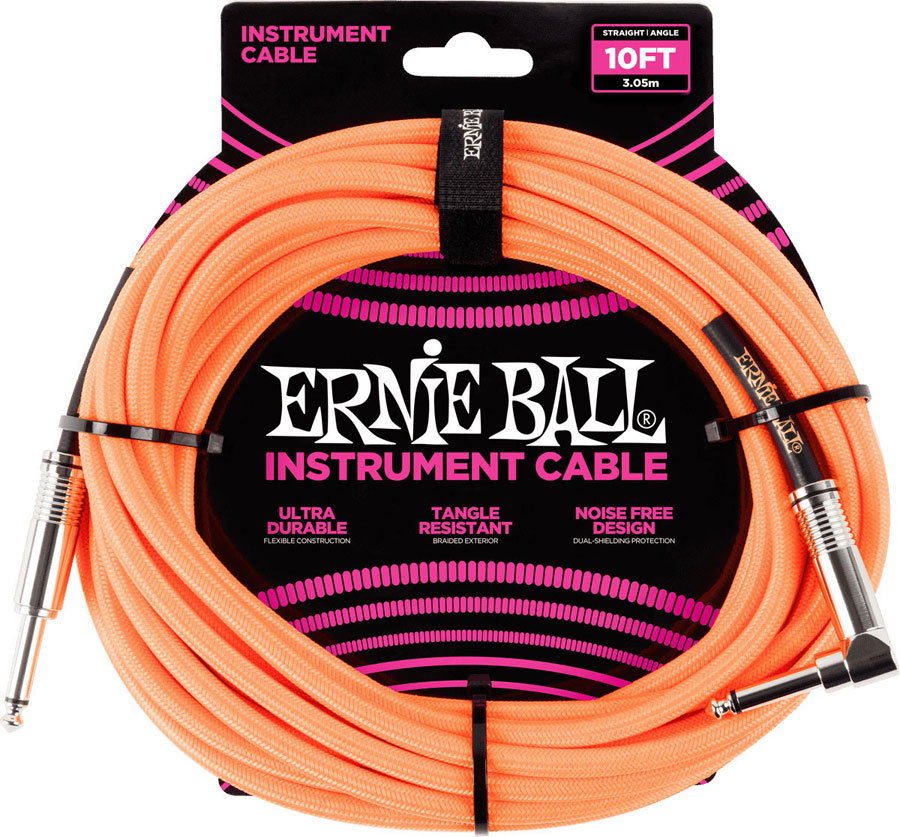 ERNIE BALL INSTRUMENT CABLES WOVEN SHEATH JACK/JACK ANGLED 3M ORANGE