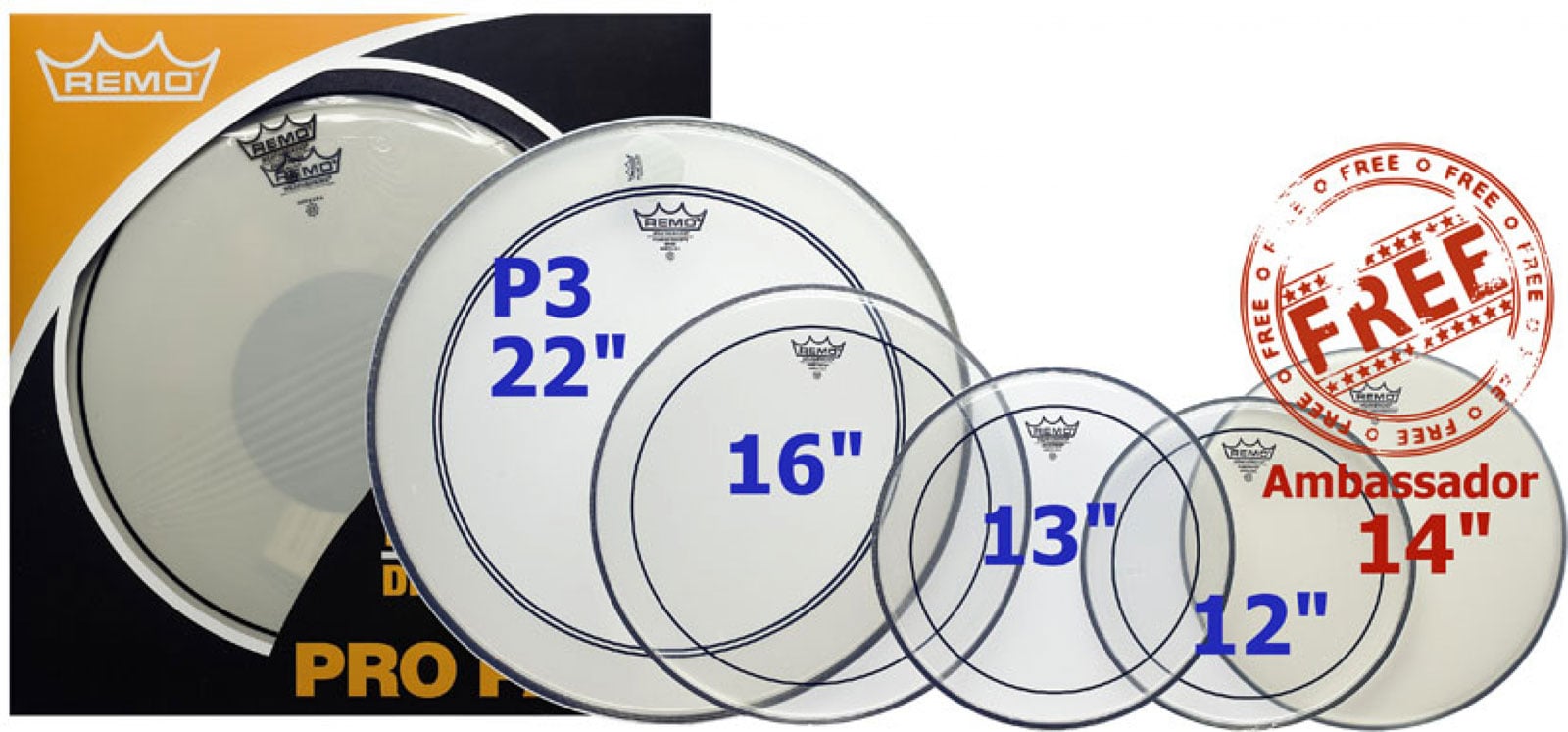 REMO PP-0270-PS - PINSTRIPE CLEAR PRO PACK - 12/13/16 + 22 (POWERSTROKE 3) BASS DRUM + 14 (AMBASSADOR C