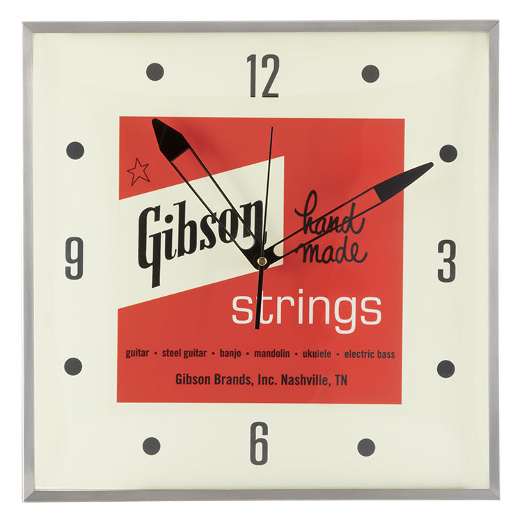 GIBSON ACCESSORIES HOME OFFICE AND STUDIO GIBSON VINTAGE LIGHTED WALL CLOCK - HANDMADE STRINGS SIGN
