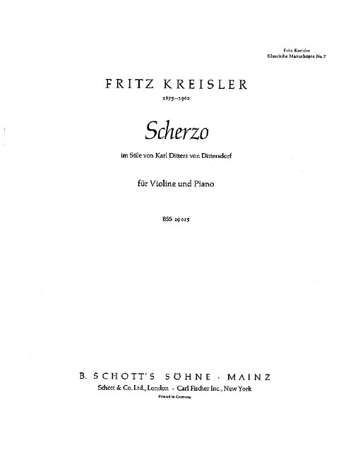 SCHOTT KREISLER FRITZ - SCHERZO IN THE STYLE OF KARL DITTERS V. DITTERSDORF - VIOLIN AND PIANO