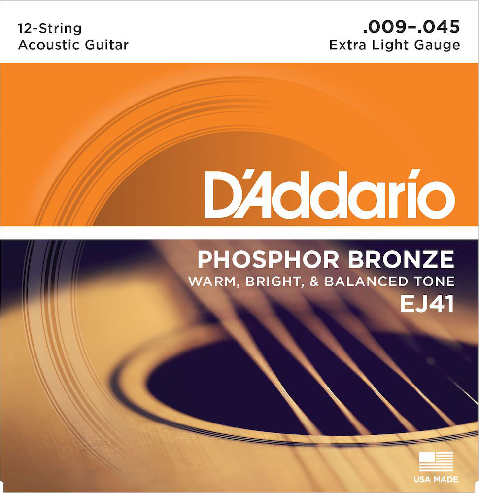 D'ADDARIO AND CO EJ41 12-STRING PHOSPHOR BRONZE ACOUSTIC GUITAR STRINGS EXTRA LIGHT 9-45