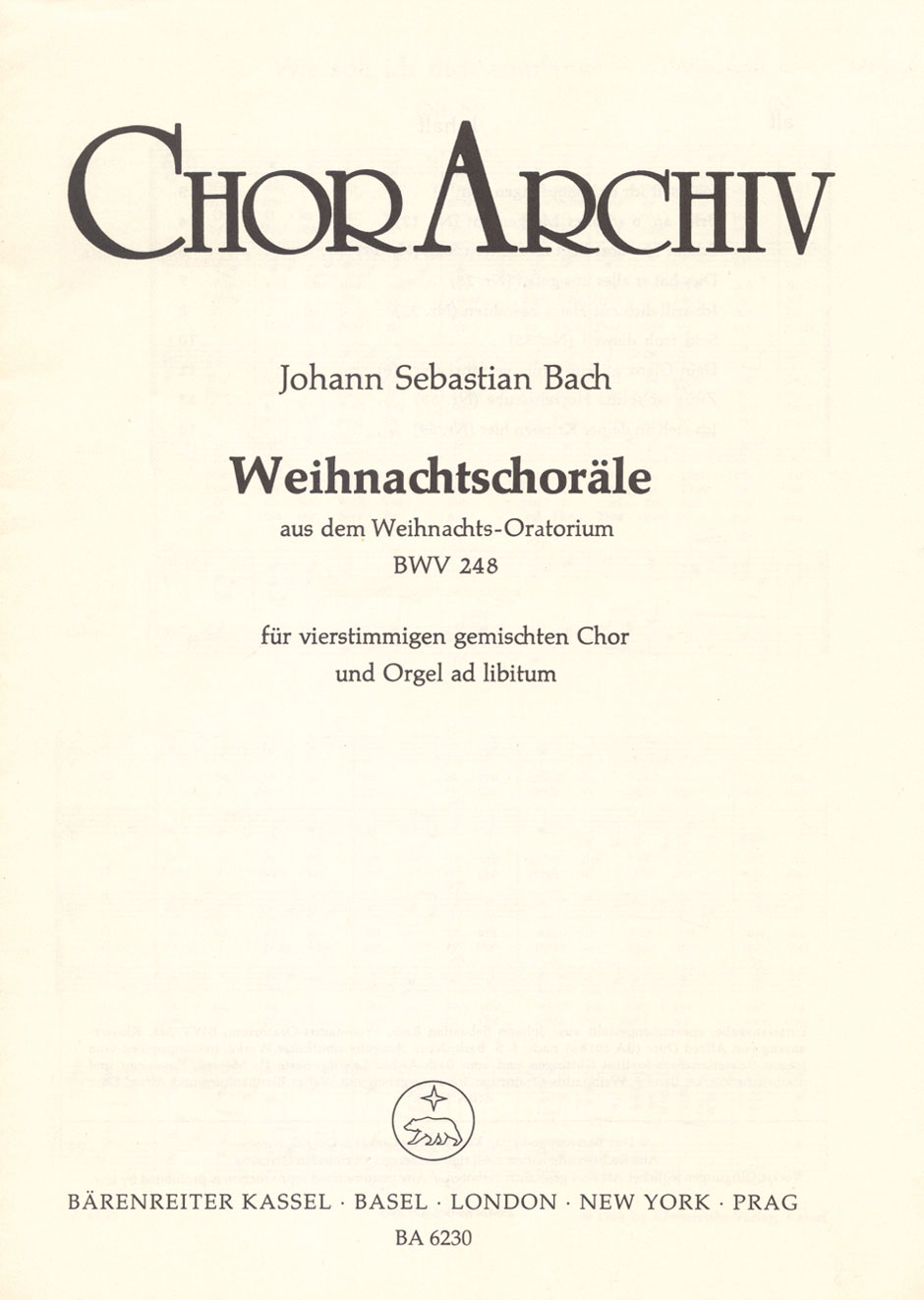 BARENREITER BACH J.S. - WEIHNACHTSCHORALE, AUS DEM WEIHNACHTS, ORATIUM BWV 248 