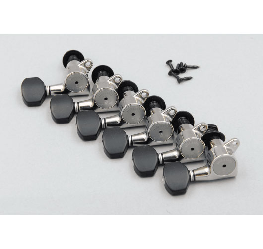 GOTOH GUITAR 6 ONLINE TUNING MACHINES NICKEL WITH LOCK, BLACK SATIN BUTTON, RIGHT