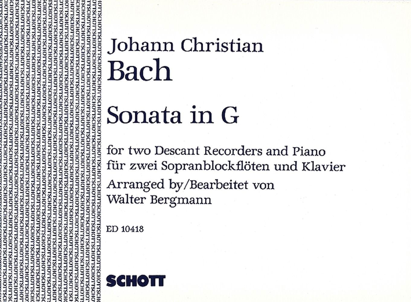 SCHOTT BACH J.C. - SONATA G MAJOR NACH OP.16/2 - 2 DESCANT RECORDERS AND PIANO