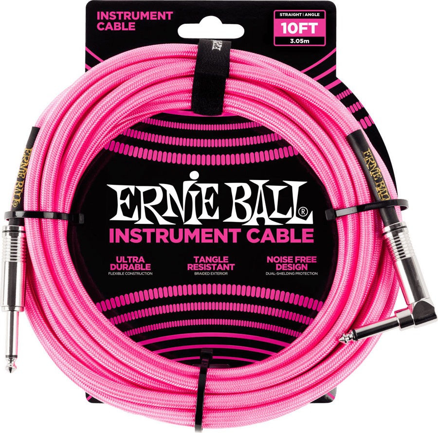 ERNIE BALL INSTRUMENT CABLES WOVEN SHEATH JACK/JACK ANGLED 3M FLUORESCENT PINK