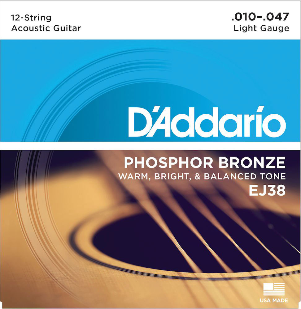 D'ADDARIO AND CO EJ38 12-STRING PHOSPHOR BRONZE ACOUSTIC GUITAR STRINGS LIGHT 10-47