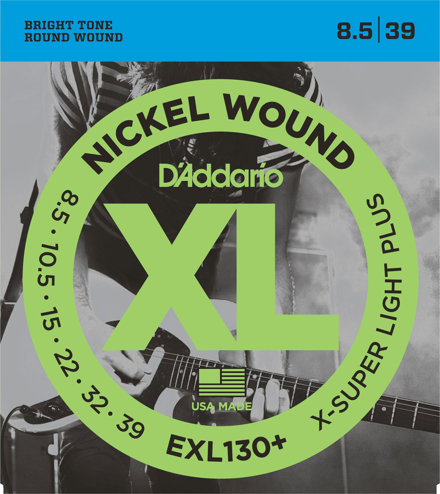 D'ADDARIO AND CO EXL130+ NICKEL WOUND ELECTRIC GUITAR STRINGS EXTRA-SUPER LIGHT PLUS 8.5-39