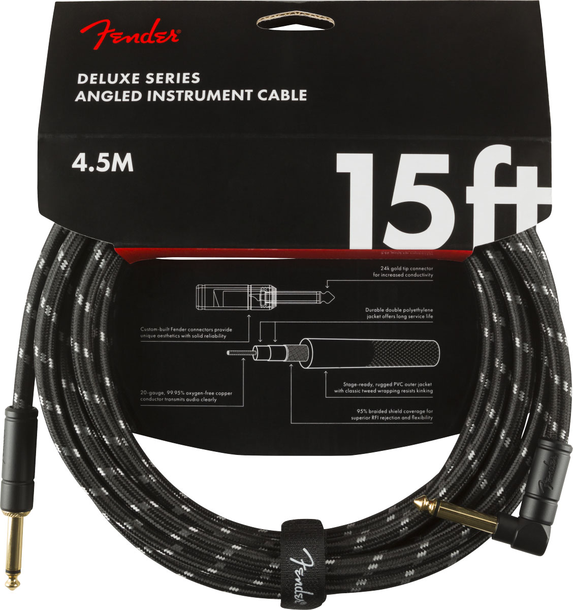 FENDER DELUXE INSTRUMENT CABLE, STRAIGHT/ANGLE, 15' BLACK TWEED