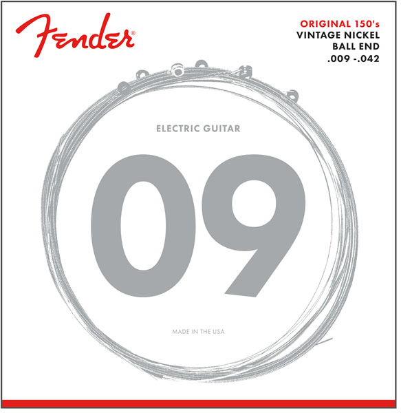 FENDER ORIGINAL 150 GUITAR STRINGS, PURE NICKEL WOUND, BALL END, 150L .009-.042 GAUGES, (6)