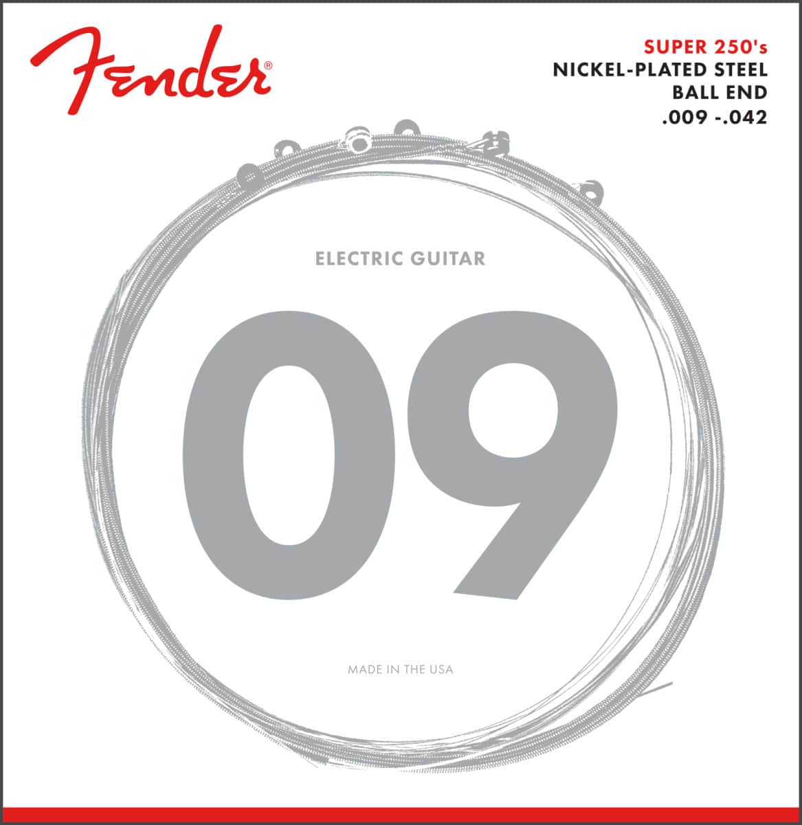 FENDER SUPER 250 GUITAR STRINGS, NICKEL PLATED STEEL, BALL END, 250L GAUGES .009-.042, (6)