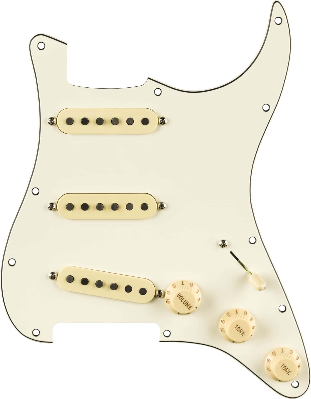 FENDER PRE-WIRED STRAT PICKGUARD, PURE VINTAGE '65 W/RWRP MIDDE, PARCHMENT 11 HOLE PG