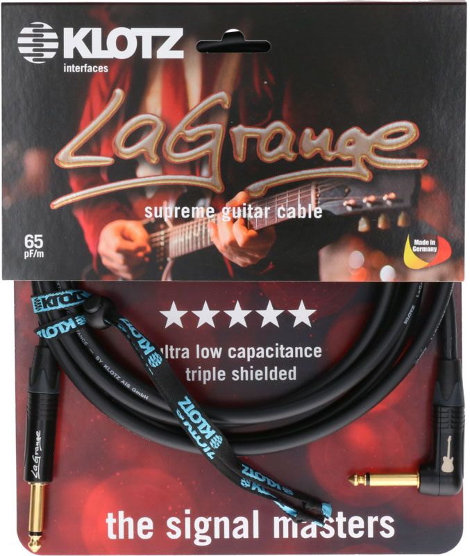 KLOTZ LA-GRANGE INSTR.CABLE BLACK 9M,JACK 2P - JACK 2P 90°, GOLD CONTACT