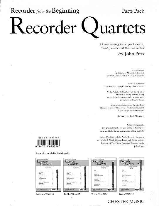 CHESTER MUSIC JOHN PITTS - RECORDER FROM THE BEGINNING RECORDER QUARTETS - WIND ENSEMBLE