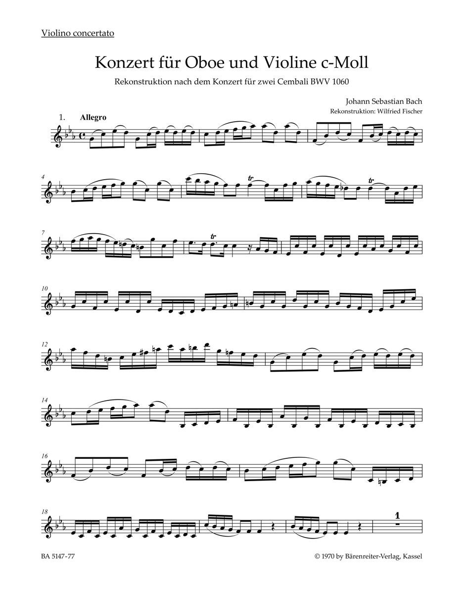 BARENREITER BACH J.S. - CONCERTO EN DO MINEUR POUR HAUTBOIS BWV 1060 - VIOLON SOLO 