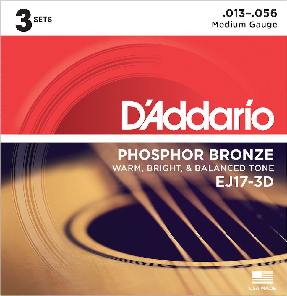 D'ADDARIO AND CO PHOSPHOROUS BRONZE STRINGS FOR ACOUSTIC GUITAR EJ17-3D MEDIUM 13-56 3-PLAYERS
