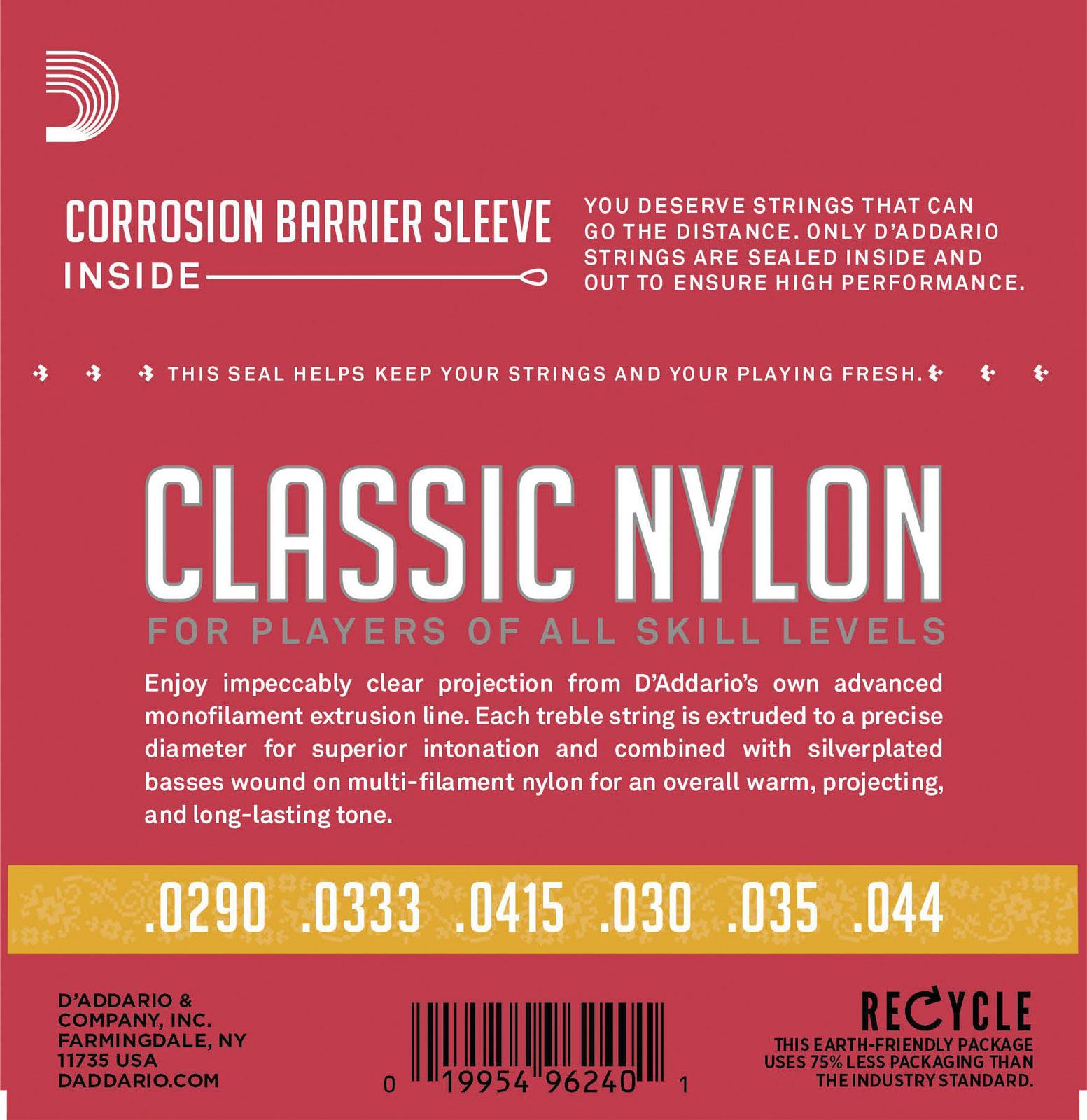 D'ADDARIO AND CO EJ27N 3/4 STUDENT NYLON FRACTIONAL CLASSICAL GUITAR STRINGS NORMAL TENSION