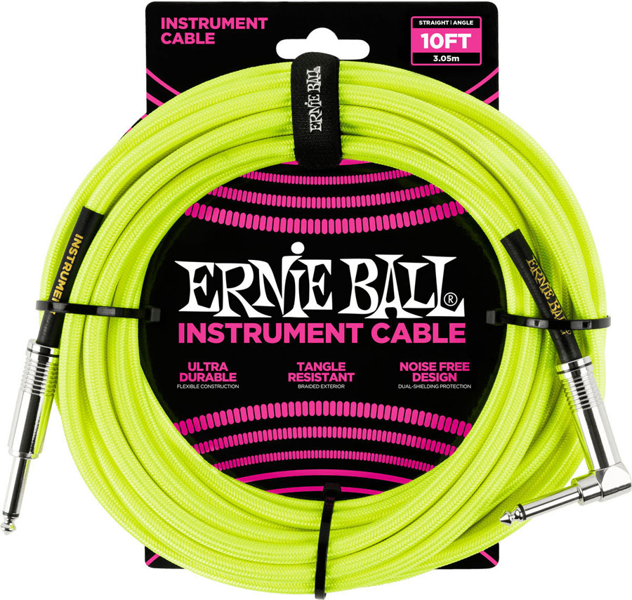 ERNIE BALL INSTRUMENT CABLES WOVEN SHEATH JACK/JACK ANGLED 3M FLUORESCENT YELLOW