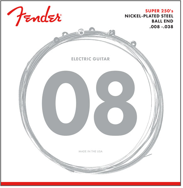 FENDER SUPER 250 GUITAR STRINGS, NICKEL PLATED STEEL, BALL END, 250XS GAUGES .008-.038, (6)