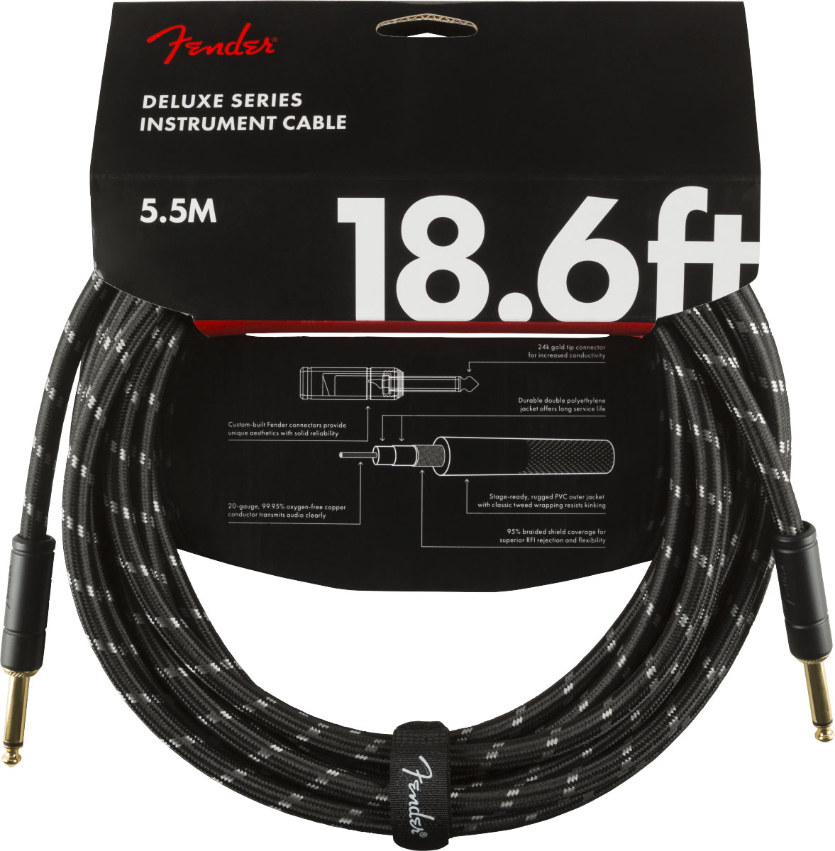 FENDER DELUXE INSTRUMENT CABLE, STRAIGHT/STRAIGHT, 18.6', BLACK TWEED