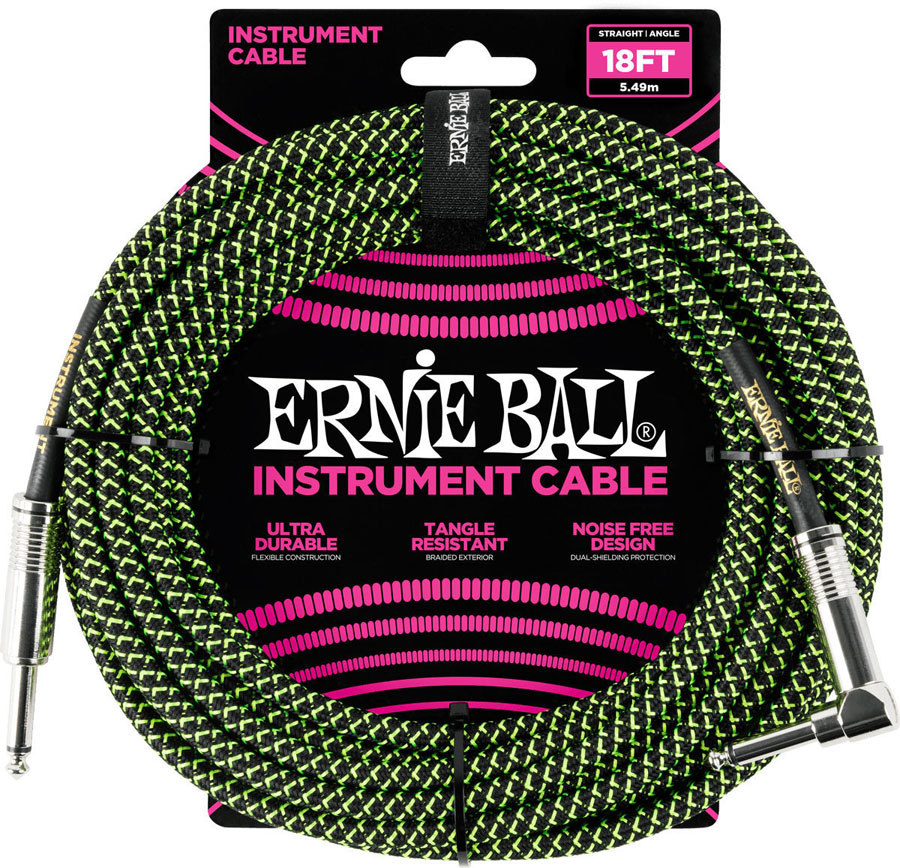 ERNIE BALL INSTRUMENT CABLE WOVEN SHEATH JACK/JACK ANGLED 5,5M BLACK/GREEN
