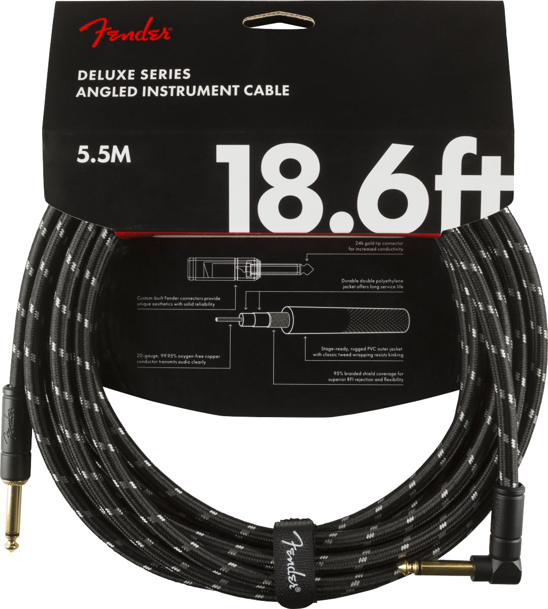 FENDER DELUXE INSTRUMENT CABLE, STRAIGHT/ANGLE, 18.6', BLACK TWEED