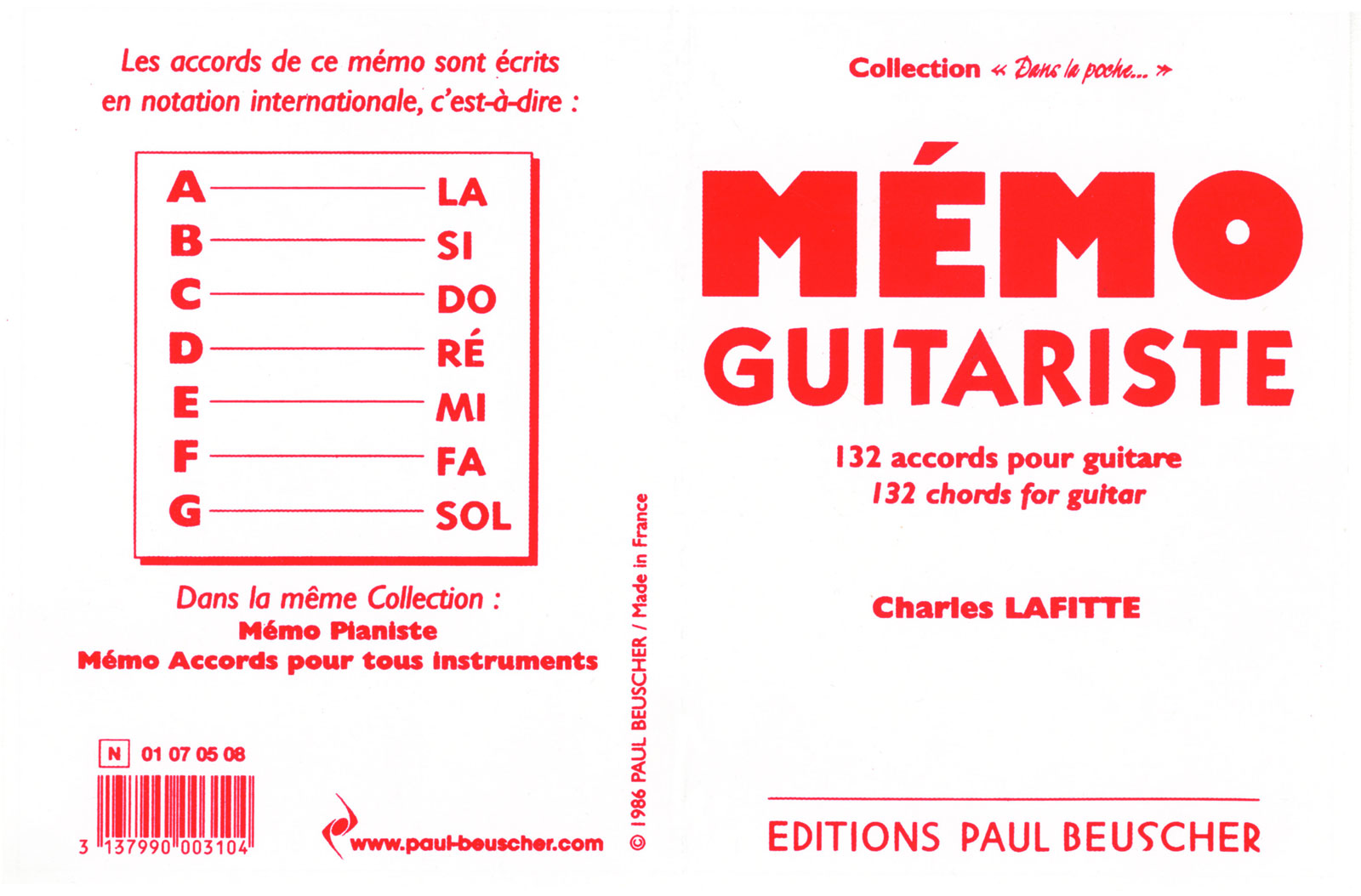 PAUL BEUSCHER PUBLICATIONS LAFITTE CHARLES - MEMO DU GUITARISTE - GUITARE