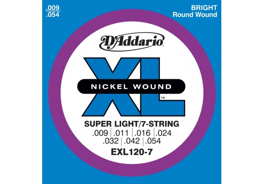D'ADDARIO AND CO EXL120-7 NICKEL WOUND 7-STRING ELECTRIC GUITAR STRINGS SUPER LIGHT 9-54