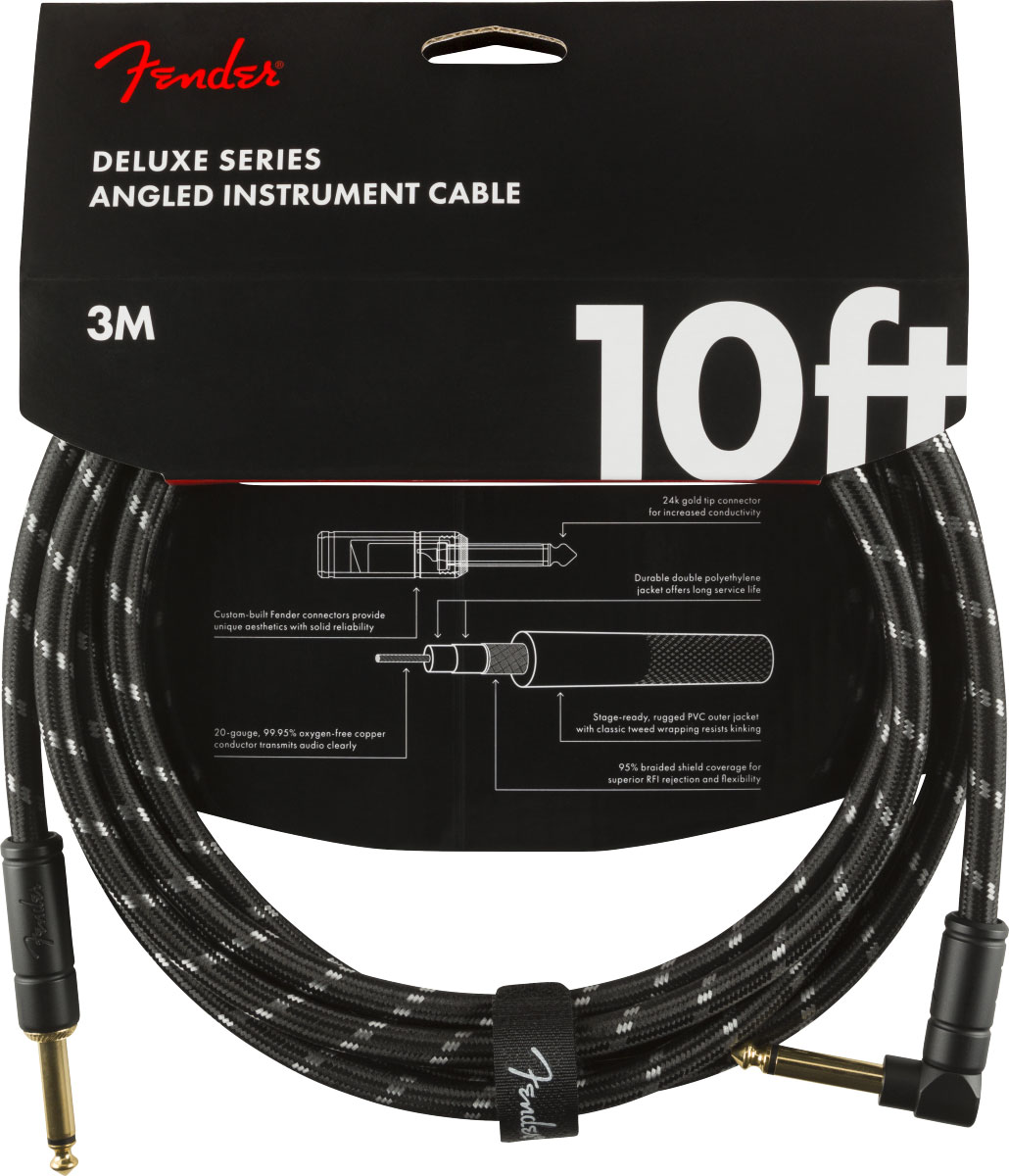 FENDER DELUXE INSTRUMENT CABLE, STRAIGHT/ANGLE, 10', BLACK TWEED