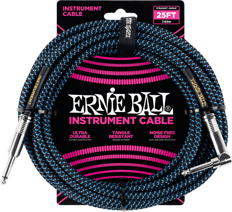ERNIE BALL 25' BRAIDED STRAIGHT / ANGLE INSTRUMENT CABLES BLACK / BLUE