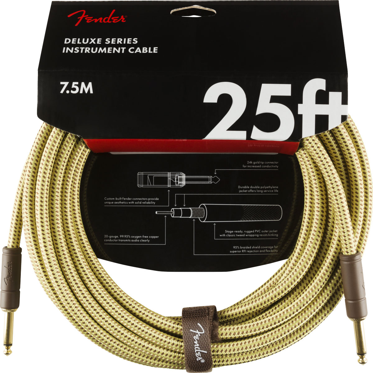 FENDER DELUXE INSTRUMENT CABLE, STRAIGHT/STRAIGHT, 25', TWEED