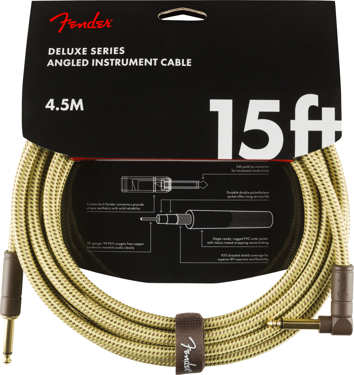 FENDER DELUXE INSTRUMENT CABLE, STRAIGHT/ANGLE, 15', TWEED