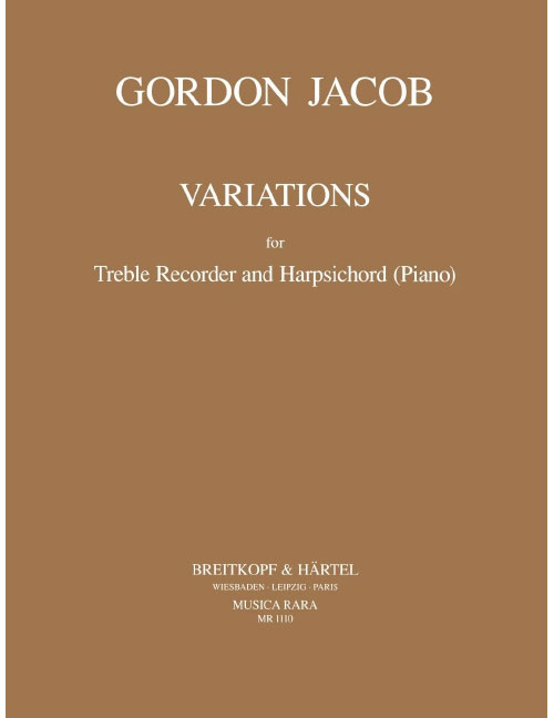 EDITION BREITKOPF JACOB GORDON - VARIATIONS - RECORDER, HARPSICHORD