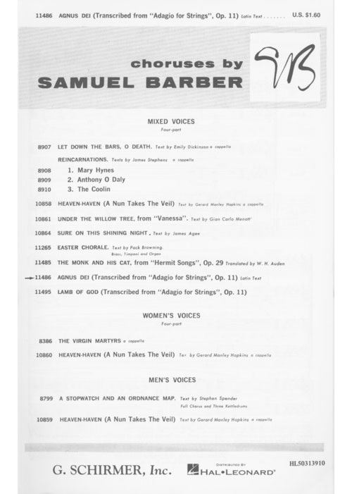 SCHIRMER BARBER S. - AGNUS DEI (ADAGIO FOR STRINGS) - CHOEUR SATB