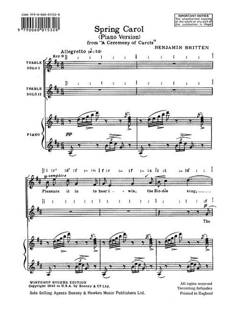 BOOSEY & HAWKES BRITTEN - A CEREMONY OF CAROLS OP. 28 - CHOEUR ENFANT (WOMEN'S CHOEUR) (SS) ET HARP (PIANO)