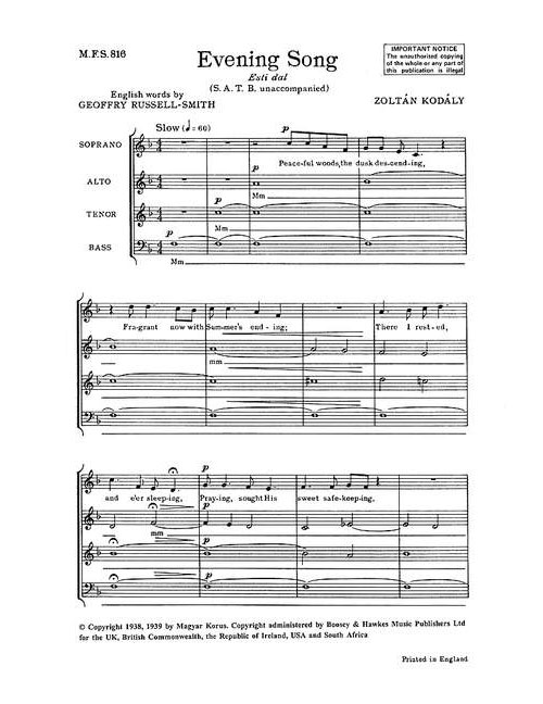 BOOSEY & HAWKES KODÁLY - EVENING SONG NO. 816 - CHOEUR MIXTE (SATB) A CAPPELLA