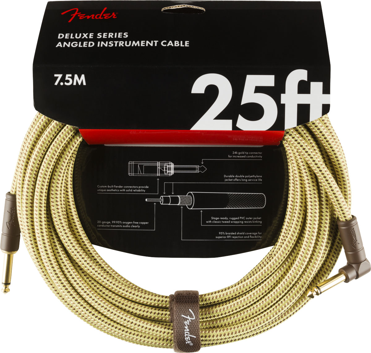 FENDER DELUXE INSTRUMENT CABLE STRAIGHT/ANGLE 25' TWEED