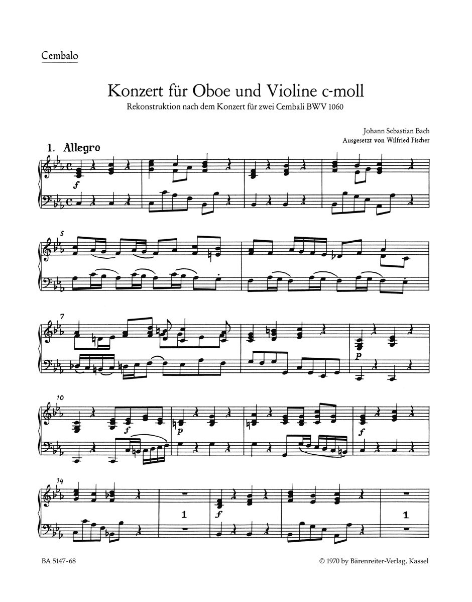 BARENREITER BACH J.S. - CONCERTO EN DO MINEUR POUR HAUTBOIS BWV 1060 - CONTINUO