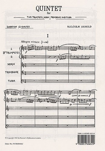MUSIC SALES ARNOLD MALCOLM - QUINTET FOR 2 TRUMPETS, HORN, TROMBONE AND TUBA - STUDY SCORE