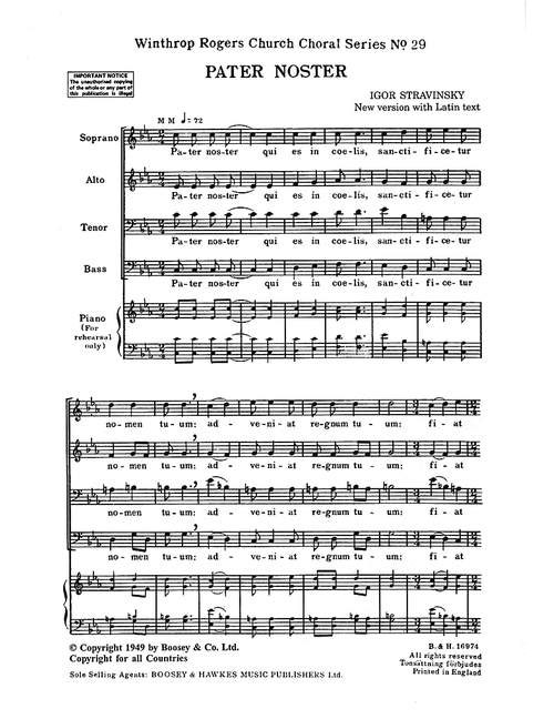 BOOSEY & HAWKES STRAVINSKY - PATER NOSTER NO. 29 - CHOEUR MIXTE (SATB) A CAPPELLA