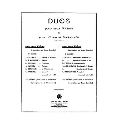  Carembat L./ Hussonmorel V. - Duos Vol.1 - Violon, Violoncelle