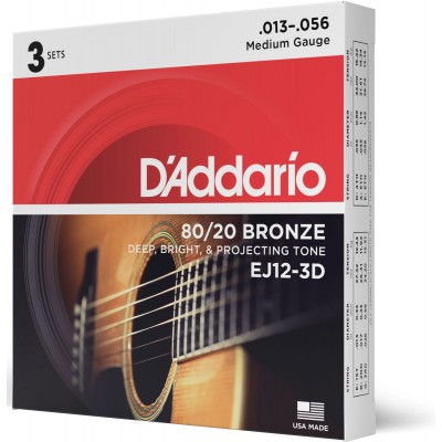 STRINGS FOR ACOUSTIC GUITAR EJ12-3D BRONZE 80/12 MEDIUM 13-56 (3 SETS)