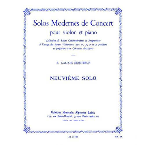 GALLOIS-montbrun Raymond - 9eme Solo De Concert - Violon & Piano
