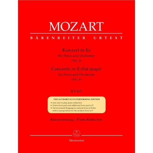 BARENREITER MOZART W.A. - CONCERTO N°2 IN E-FLAT MAJOR KV 417 FOR HORN AND ORCHESTRA - HORN, PIANO