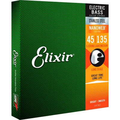 ELIXIR NANOWEB STAINLESS STEEL ELECTRIC BASS STRINGS MEDIUM SET, 45-65-85-105-135